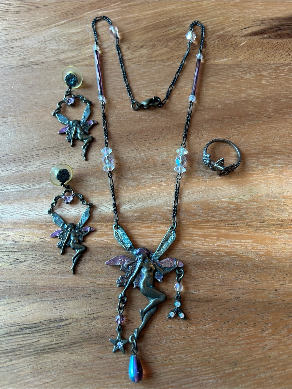 Vintage Fantasy Fairy Costume Jewelry Set: Necklace, Pierced Earrings, Ring